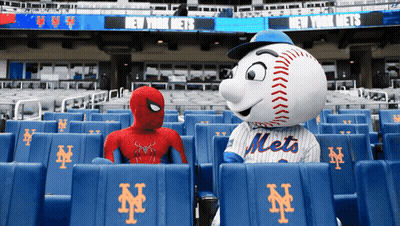 A Mascot For The New York Mets Sitting Next To A Mascot For Spider-Man GIF