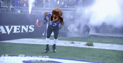 A Mascot For The Ravens Is Running On A Field GIF