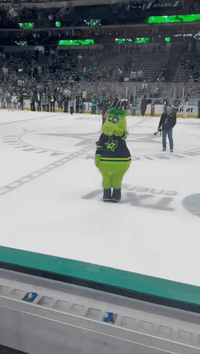 A Mascot For The Texas Stars Is On The Ice At A Hockey Game GIF