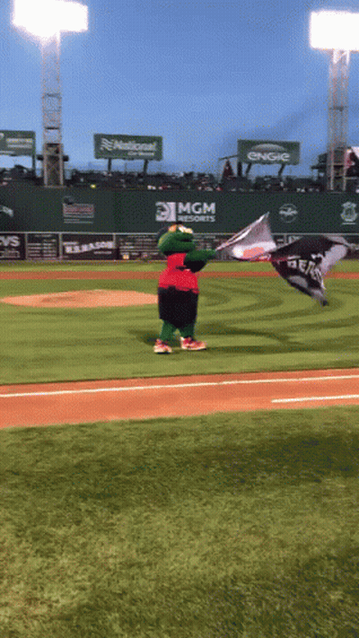 A Mascot Holding A Flag On A Baseball Field With A Mgm Sign Behind Him GIF