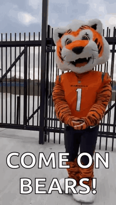 A Mascot In A Tiger Costume Is Standing In Front Of A Fence And Says `` Come On Bears '' . GIF