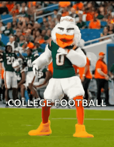 A Mascot Is Dancing On A Football Field With The Words College Football Below Him GIF