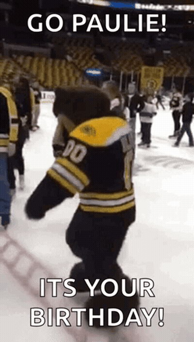 a mascot is dancing on the ice and says `` go paulie ! its your birthday ! ''