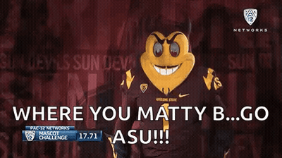 A Mascot Is Giving A Thumbs Up And Says " Where You Matty B..go Asu !!! " GIF