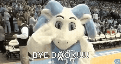A Mascot Is Standing On A Basketball Court With The Words `` Bye Dook '' Written On It . GIF