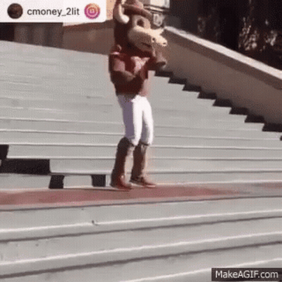 A Mascot Is Standing On A Set Of Stairs Holding A Bull . GIF