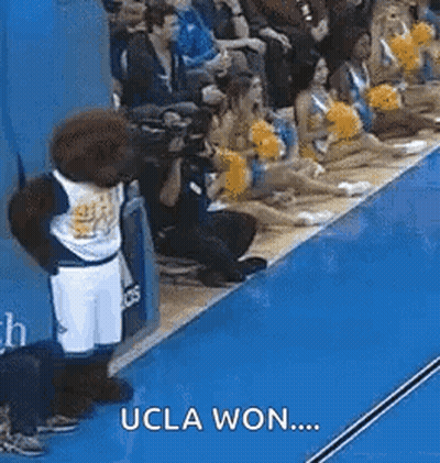 A Mascot Is Standing On The Sidelines Of A Basketball Game With Cheerleaders . GIF