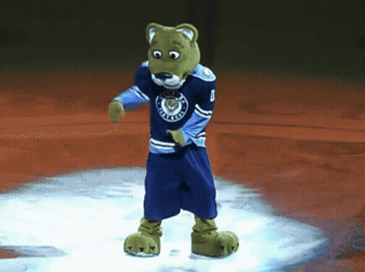 A Mascot Is Wearing A Blue Jersey With The Number 8 On It GIF