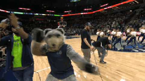 A Mascot On A Basketball Court Wearing A Blue Shirt That Says ' Minnesota ' On It GIF