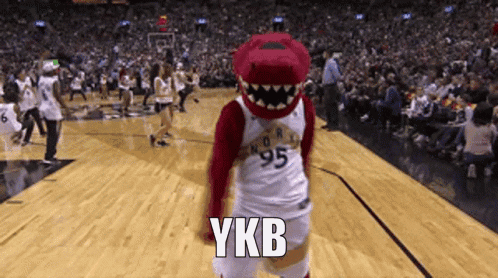 A Mascot On A Basketball Court With Ykb Written On The Floor GIF