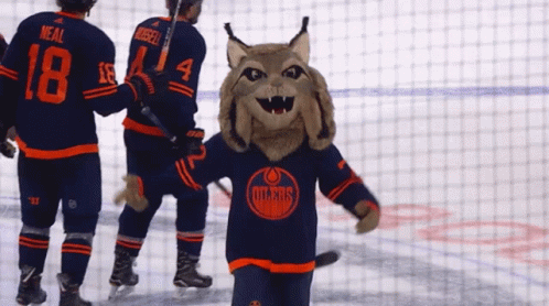 A Mascot Wearing A Edmonton Oilers Jersey Stands On The Ice GIF