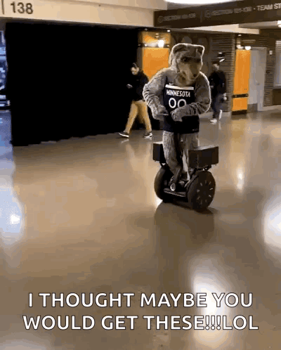 A Mascot Wearing A Minnesota Jersey Rides A Segway GIF