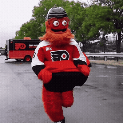 A Mascot Wearing A Philadelphia Flyers Jersey Is Running GIF