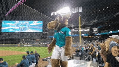 A Mascot Wearing A Seahawks Jersey Stands On A Podium At A Baseball Game GIF