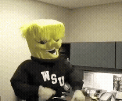 A Mascot Wearing A Wsu Sweatshirt Is Dancing In A Room . GIF