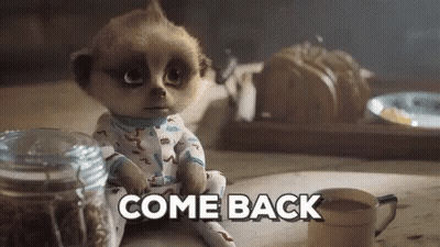 A Meerkat Is Sitting On A Table With The Words Come Back Written On The Table GIF