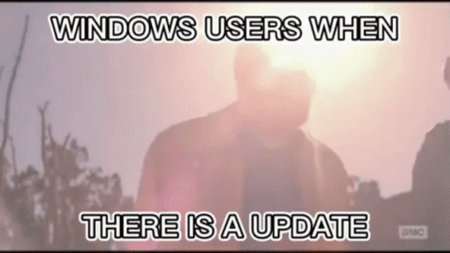 A Meme That Says Windows Users When There Is A Update On It GIF