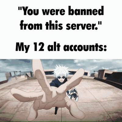 A Meme That Says " You Were Banned From This Server " And " My 12 Alt Accounts " GIF