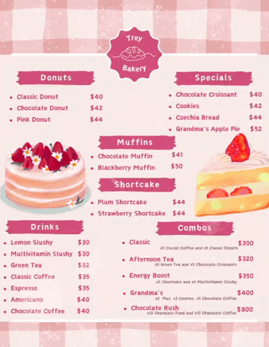 A Menu For Trey Bakery Shows A Cake And Muffins GIF