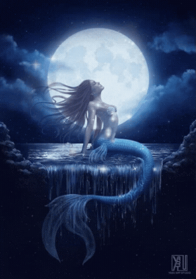 A Mermaid Is Sitting On A Rock In Front Of A Blue Moon GIF