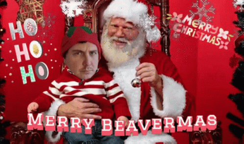 A Merry Beavermas Greeting Card With Santa And A Baby GIF