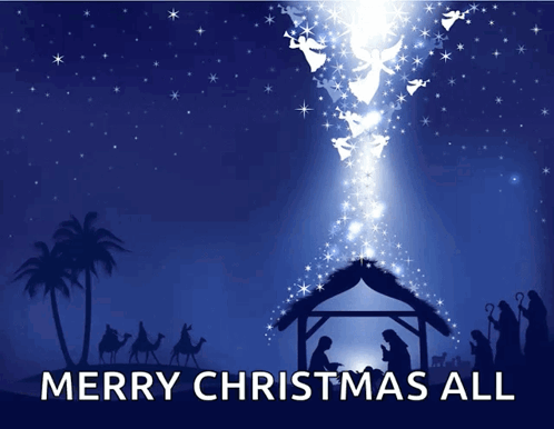 A Merry Christmas All Poster With A Nativity Scene GIF