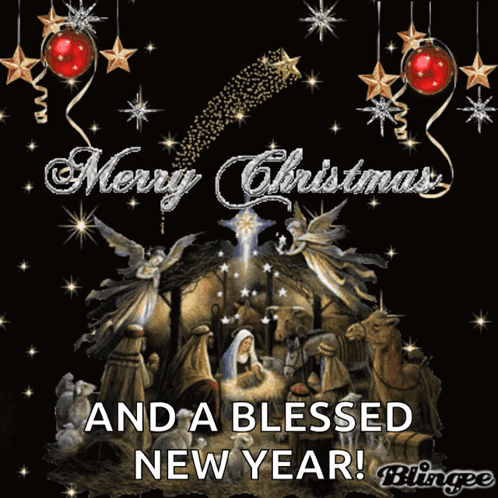 A Merry Christmas And A Blessed New Year Card With A Nativity Scene GIF