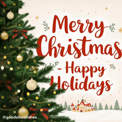 A Merry Christmas And Happy Holidays Card With A Christmas Tree In The Foreground GIF