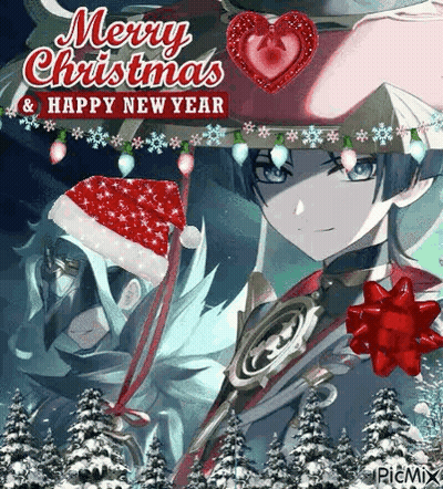 A Merry Christmas And Happy New Year Greeting Card With A Anime Character Wearing A Santa Hat And Holding A Sword . GIF