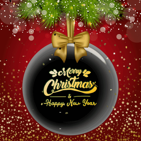 A Merry Christmas And Happy New Year Greeting Card With A Black Christmas Ball GIF
