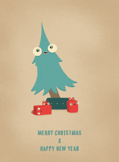 A Merry Christmas And Happy New Year Greeting Card With A Cartoon Christmas Tree GIF