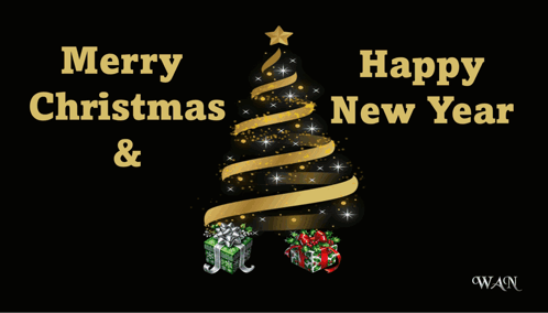 A Merry Christmas And Happy New Year Greeting Card With A Christmas Tree And Presents GIF