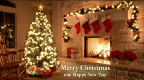 A Merry Christmas And Happy New Year Greeting Card With A Fireplace And Christmas Tree GIF