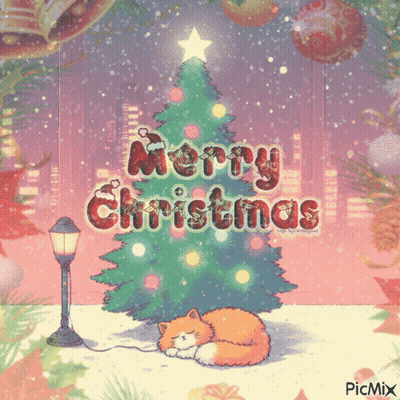 A Merry Christmas Card With A Cat Sleeping Under A Tree GIF