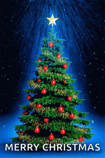 A Merry Christmas Card With A Christmas Tree And A Star GIF