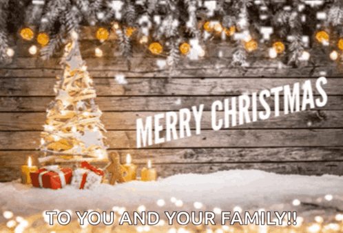 A Merry Christmas Card With A Christmas Tree And Presents GIF