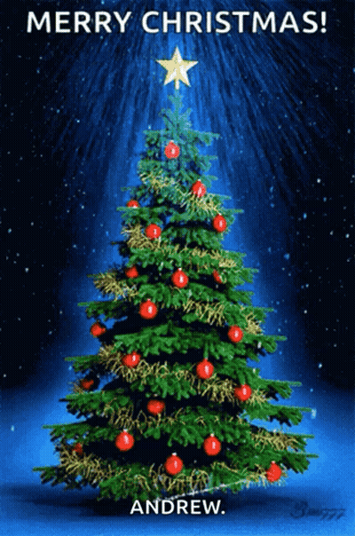 A Merry Christmas Card With A Christmas Tree And The Name Andrew On The Bottom GIF