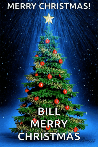 A Merry Christmas Card With A Christmas Tree And The Words Bill Merry Christmas GIF