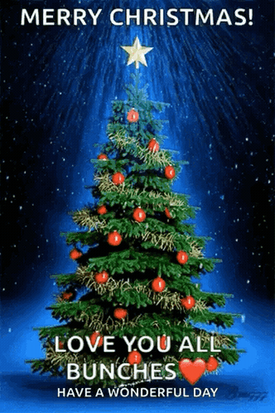 A Merry Christmas Card With A Christmas Tree And The Words Love You All Bunches Have A Wonderful Day GIF