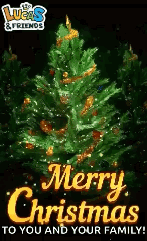A Merry Christmas Card With A Christmas Tree And The Words Merry Christmas To You And Your Family . GIF