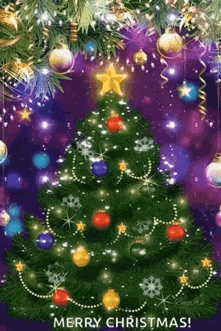 A Merry Christmas Card With A Christmas Tree Decorated With Balls And A Star . GIF