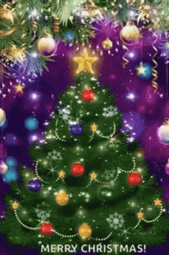 A Merry Christmas Card With A Christmas Tree Decorated With Decorations And A Star On Top . GIF