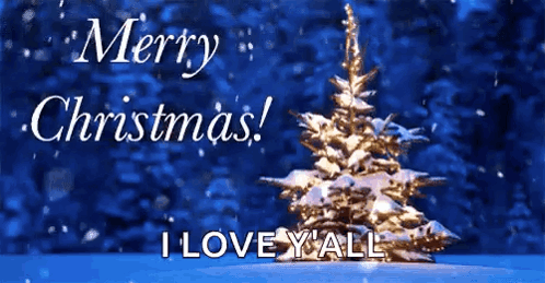 A Merry Christmas Card With A Christmas Tree In The Background GIF