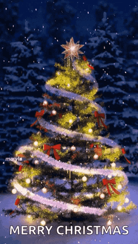 A Merry Christmas Card With A Christmas Tree In The Foreground GIF