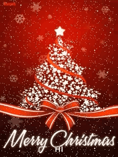 A Merry Christmas Card With A Christmas Tree Made Of Stars And Ribbons . GIF