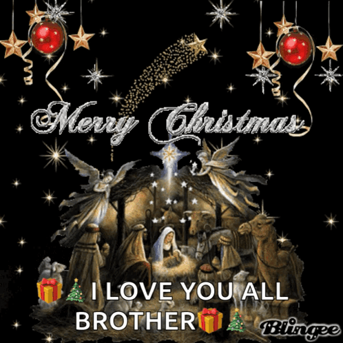 A Merry Christmas Card With A Nativity Scene And The Words I Love You All Brother GIF