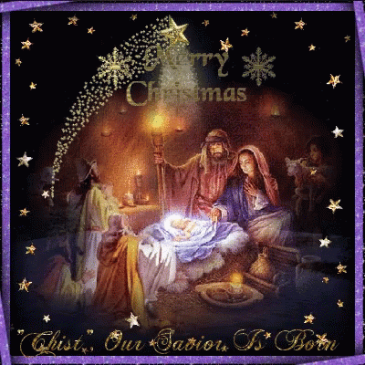A Merry Christmas Card With A Nativity Scene GIF