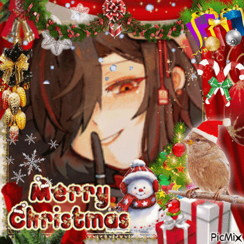 A Merry Christmas Card With A Picture Of A Girl And A Bird GIF