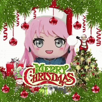A Merry Christmas Card With A Pink Haired Anime Girl GIF
