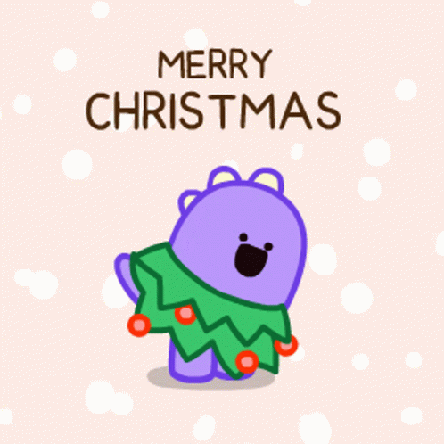 A Merry Christmas Card With A Purple Bear Wearing A Christmas Tree Shawl GIF